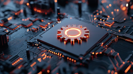 A close-up of a CPU with a gear symbol overlay, symbolizing innovation, creativity, and the development of cutting-edge technologyの素材