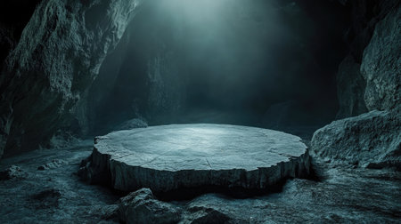 Mysterious stone platform in a circular shape, surrounded by intense lighting within an enclosed caveの素材