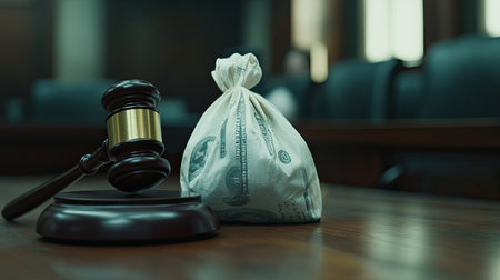 A judge's gavel rests beside a white dollar bag in a courtroom, representing bribery and blackmail. Soft focus and blurred background,の素材