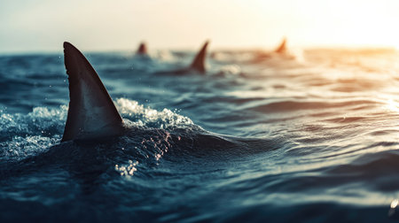 Close-up of shark fins breaking the sea's surface near swimmers, symbolizing the imminent danger of sharks hunting in shallow watersの素材