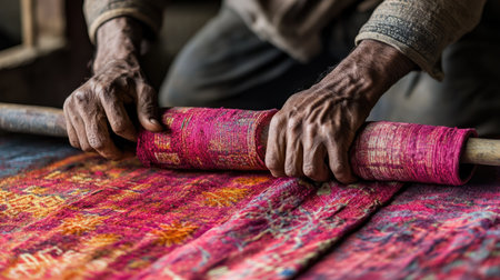 Traditional dyeing techniques showcasing intricate hand patterns integrated onto Indian textiles, highlighting cultural craftsmanshipの素材