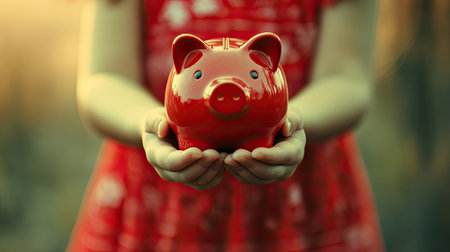 Close-up of a girl in a red dress holding a red piggy bank, emphasizing the concept of saving money for children. Soft focus and blurred background.の素材