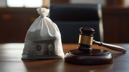 Close-up of a judge's gavel next to a white dollar bag on a courtroom table, symbolizing bribery, deception, and unfair laws. Soft focus with copy space.の素材