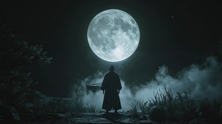 A powerful Japanese man stands beneath the final full moon, his presence commanding and mysterious, set against a night skyの素材