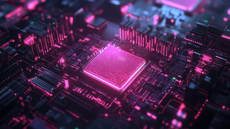 Quantum computing CPU with AI elements, representing advanced technological concepts in artificial intelligenceの素材