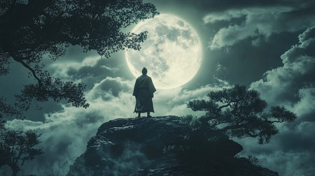 A Japanese man of great power stands under the final full moon, his figure bathed in moonlight, symbolizing strengthの素材
