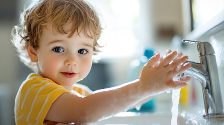 Close-up of a little boy washing his hands in a bathroom sink, focusing on hygiene and cleanliness. Soft focus and blurred background with copy space.の素材