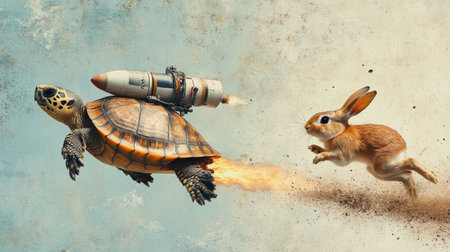 A turtle strapped to a rocket races against a fast-running rabbit, symbolizing how teamwork and innovation can help the underdog winの素材
