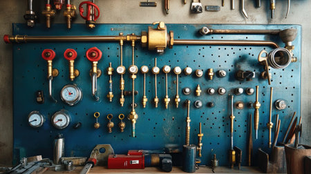 Modern plumbing industry tools and pipes arranged on a workbench, showcasing the essential equipment for plumbing workの素材