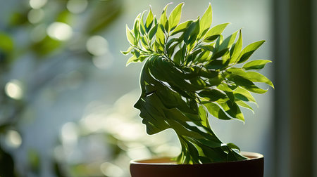 Elegant leaves shaped like a woman, swaying gracefully in a potted plant, with fluid movements and a crown-like formationの素材