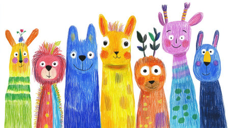 Hand-drawn whimsical animals, each with unique expressions, created by a 3-year-old. Full-frame, colorfulの素材