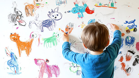 Playful and whimsical animal drawings by a 3-year-old, featuring unique characters on a white backgroundの素材