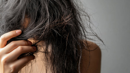 Close-up of a woman's head with her hands holding damaged hair, emphasizing hair care and treatment. Focus on issues like oily and broken hair. Copy space provided.の素材