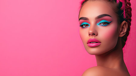 Artistic portrait of a young woman with bold pink makeup and a distinctive hairstyle, showcasing individualityの素材