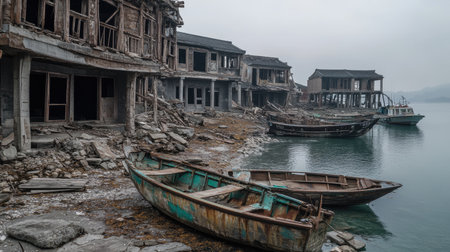 An abandoned Chinese fishing village, with no boats or fishermen, just the quiet sea and empty docks.の素材