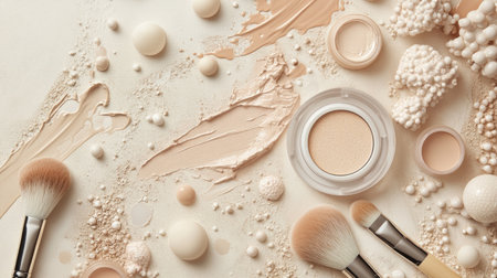 Beauty industry banner featuring a flat lay of cosmetic products like brushes and shadows, artfully arranged on a neutral backgroundの素材