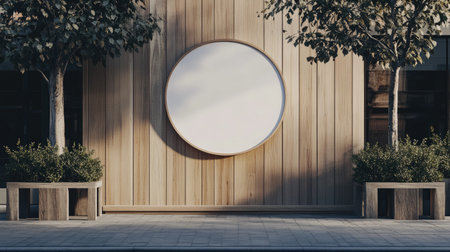 Circular mockup signboard on a wooden wall, ready for storefront branding, set in a street environmentの素材