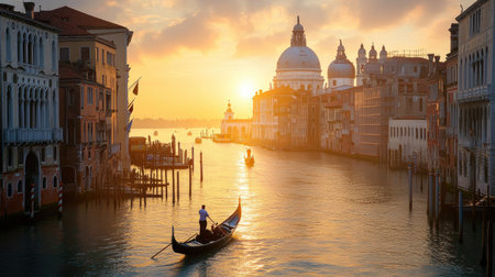 The Grand Canal in Venice, Italy, with its iconic gondolas and palaces, captured in a moment of complete stillnessの素材