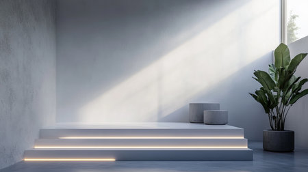 Abstract stage in a minimalist room, featuring softly glowing steps that add depth and subtle elegance to the modern designの素材
