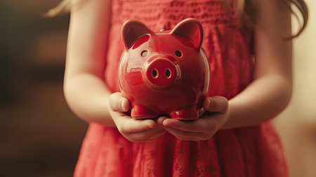 A girl in a red dress holding a red piggy bank, representing children's savings. The image focuses on the piggy bankの素材