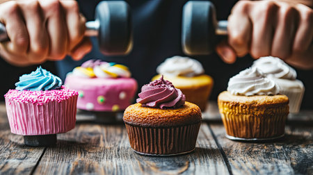 Close-up of male hands holding dumbbells with cakes on the table, symbolizing the struggle between exercise and diet control.の素材