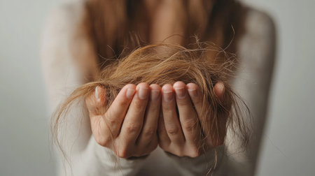 A womana hands holding her damaged hair, highlighting hair treatment and care, with a focus on broken, oily strands. Copy space included.の素材