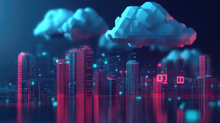 Low poly cityscape under polygonal clouds, with binary code on a dark blue background,の素材