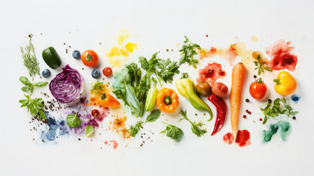 Top-down view of colorful vegetables arranged creatively on a watercolor background, ideal for food concepts and healthy living themesの素材