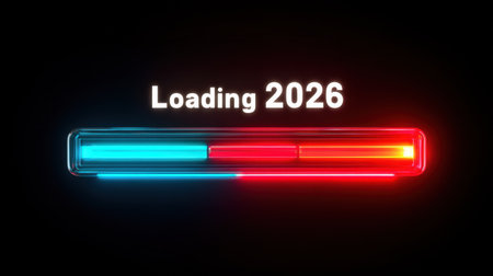 Eye-catching neon loading bar indicating the year 2026 with vibrant red and blue colors on a dark background, symbolizing progress and digital advancement.の素材