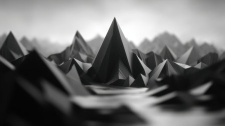 A stylized black and white mountain landscape featuring sharp peaks and smooth textures, evoking a sense of depth and minimalistic beauty in an abstract composition.の素材