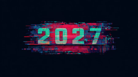 This digital artwork showcases the year 2027 with a modern glitch effect in vibrant colors. It represents innovation and creativity, perfect for tech themes and projects.の素材