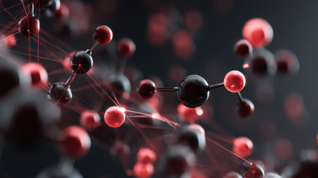 This striking image features a detailed abstraction of molecular structures, showcasing dynamic red and black atoms connected by glowing bonds, ideal for scientific themes.の素材