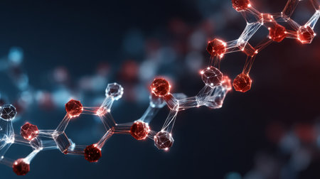 This image presents a modern and abstract visualization of molecular structures, showcasing atoms and their interconnected bonds, ideal for scientific, educational, and research themes.の素材