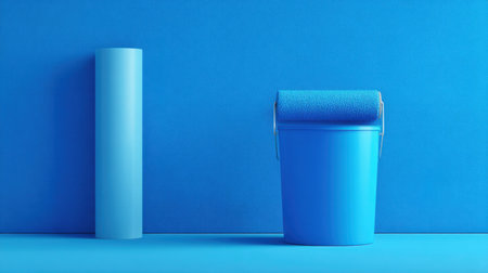 A minimalist composition featuring a vibrant blue paint bucket and roller against a solid blue background, ideal for inspiration in home improvement and design projects.の素材
