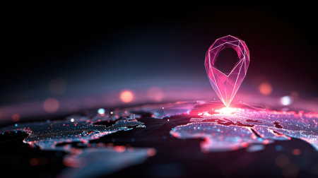 An intricate 3D representation of a global map featuring a glowing geolocation pin. This digital illustration emphasizes urban connectivity and modern navigation concepts.の素材