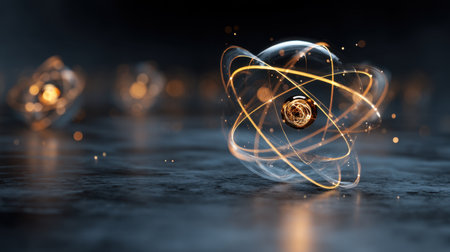 Stunning 3D render of a glowing atom with dynamic electron orbits. Perfect for visualizing concepts in science, technology, and education against an elegant dark backdrop.の素材