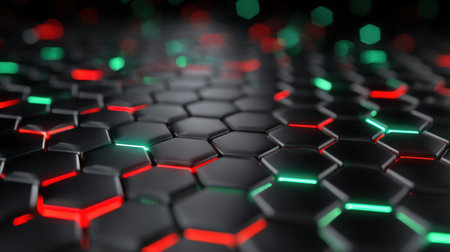 Immerse in a captivating digital landscape featuring a hexagonal pattern illuminated by dynamic red and green lights. Ideal for technology themes and design projects.の素材