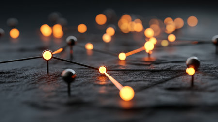 Captivating abstract image showcasing glowing particles interconnected by thin lines against a dark backdrop, representing technological advancement and data connectivity.の素材