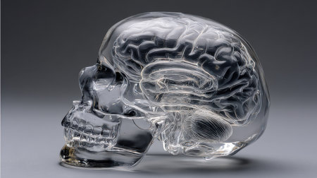 A stunning transparent skull model reveals the intricate structures of the human brain, perfect for educational use or as a unique art piece in creative settings.の素材