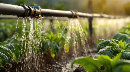 A close-up of an irrigation system watering vibrant green plants in a field with the sunlight shining down. This image captures the essence of agriculture and growth.の素材