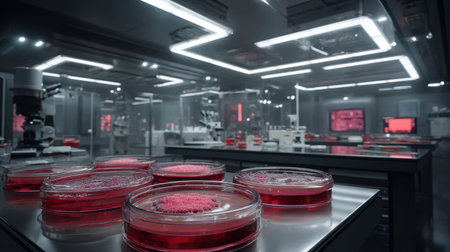 A modern laboratory scene featuring petri dishes with a vibrant red substance. Advanced equipment and an illuminated environment enhance the essence of scientific discovery.の素材