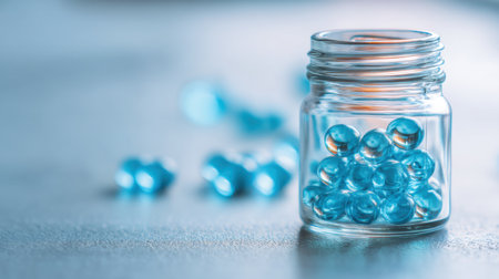 A delightful glass jar brimming with radiant blue gel beads sits on a smooth surface, creating a serene and visually appealing atmosphere perfect for health-related projects.の素材