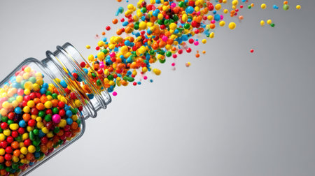 A glass jar spills colorful sprinkles, creating a lively and fun display against a soft gray background. Perfect for culinary and design uses or vibrant food-related projects.の素材
