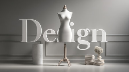 A chic display featuring a dress form and the word "Design" emphasizing creativity in a stylish and minimalist interior setting with soft lighting and decor.の素材