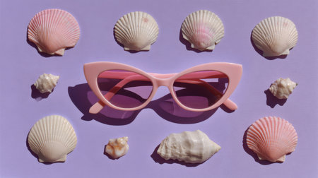 A stylish pair of pink sunglasses is artfully arranged with delicate seashells on a lilac backdrop, perfect for capturing the essence of summer fashion and beach vibes.の素材