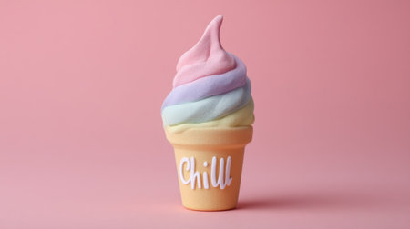 Delight in this colorful ice cream cone topped with swirled pastel flavors against a light pink background, perfect for summer themes and sweet treats.の素材