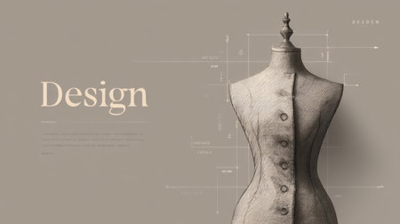 An elegant vintage mannequin stands against a soft backdrop, showcasing design sketches and measurements, embodying the artistry of fashion design and tailoring craftsmanship.の素材