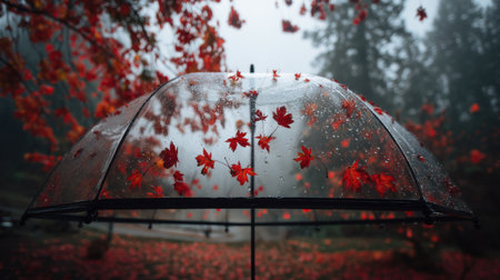 A stunning scene of a transparent umbrella adorned with red autumn leaves, set against a misty forest backdrop, conveying the serene beauty of the fall season.の素材