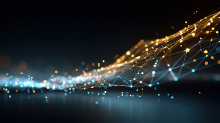 A captivating abstract visualization featuring a glowing digital wave with vibrant blue and orange points of light. Ideal for concepts of technology and connectivity.の素材