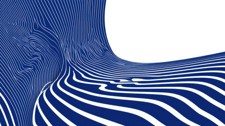 This abstract image features a captivating wave pattern in deep blue with white lines, creating a sense of motion and fluidity suitable for modern design projects.の素材